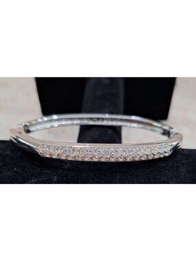 Swarovski Rhodium-Plated Hinged Bangle Bracelet With Pave Crystals